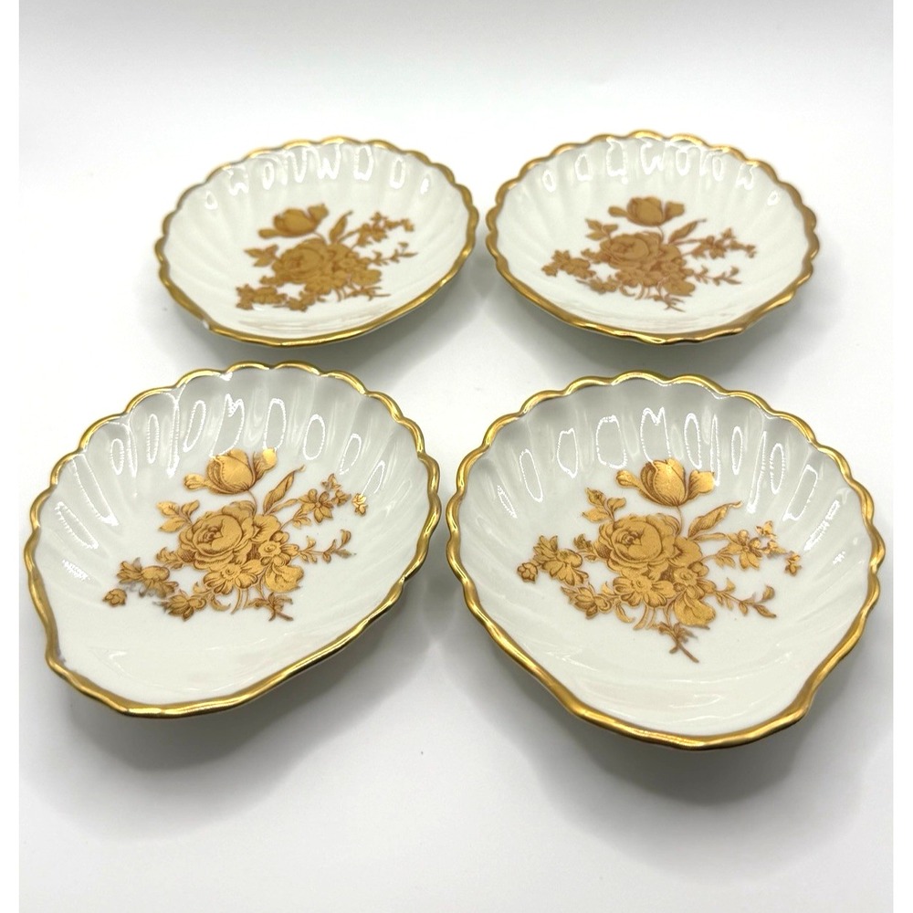 Limoges France 4in Porcelain Trinket Dishes Floral Gold Trim Vintage Set Of 4
